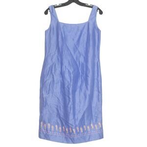 Jennifer West Vintage Dress Linen Silk Boho Cottage Coastal Embroidered Blue 8